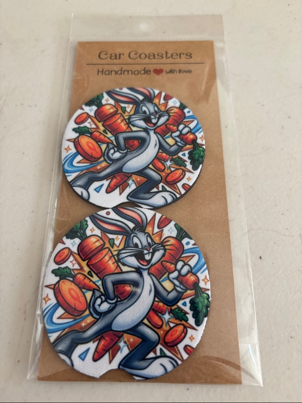 Bugs Bunny Car Coaster Set - Cartoon Rabbit with Carrots - Blue, Orange, Green